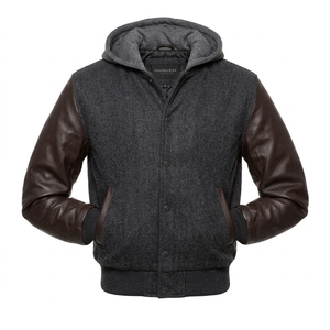 Veste universitaire à capuche pour homme, corps en laine violette, manches en cuir PU gris - Product Image 5