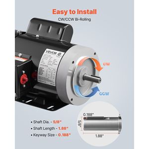 Motor Eléctrico de CA de 1 HP, 1725 RPM, para Compresor de Aire, Rotación CW/CCW, Diámetro del Eje de 5/8 Pulgadas, Longitud del Eje de 1.88 Pulgadas, Torque de 4.1 N.m - Product Image 4