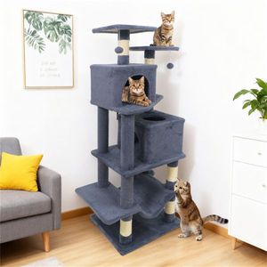 Arbre à chat multi-niveaux gris de 57 pouces avec 2 condos et hamac pour les foyers multi-chats, doté de poteaux à gratter en sisal - Product Image 5