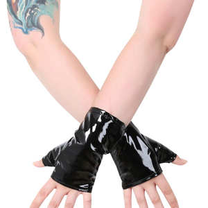 <b>Black</b> PU Wrist-Length <b>Fingerless</b> <b>Gloves</b> Punk Style Unlined for Party Wear - Product Image 5