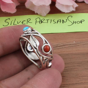 Anillo Sello Vintage para Mujer con Turquesa y Ónix Negro en Engaste de Bisel, Plata de Ley 925, Estilo Retro Turco, Banda Geométrica para Fiesta - Product Image 3