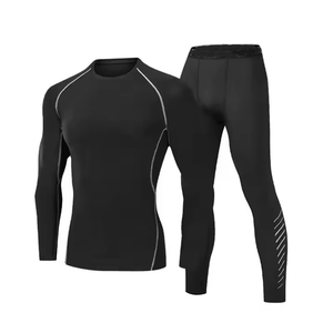 Conjunto de compresión de manga larga para hombre, color negro, cuello redondo, de secado rápido, licra y poliéster, top de manga larga y pantalones, kit sólido para todas las estaciones - Product Image 2