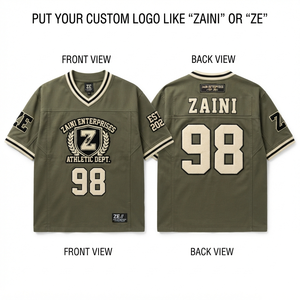 Maillot de football américain pour hommes 280 GSM en polyester interlock premium vert olive avec panneau contrastant et sublimation personnalisée en sergé. - Product Image 1