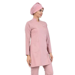 Ensemble de blouses médicales roses pour femmes, manches longues, uniforme d'hôpital, tissu tissé coton-polyester, avec pantalon, ensemble de blouses médicales tendance - Product Image 1