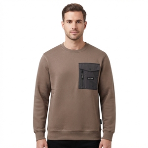 Mens <b>Brown</b> Crewneck Sweatshirt Utility Chest Pocket <b>Long</b> <b>Sleeve</b> Casual Pullover Streetwear Fashion <b>Top</b> - Product Image 1