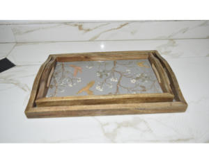 Juego de 2 bandejas rectangulares de madera de mango de la mejor calidad con patrón de mango estampado esmaltado para hoteles, restaurantes, cocinas de la India - Product Image 2