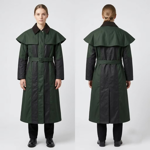 Manteau long imperméable pour femme Twill Sports avec ceinture et col châle, style utilitaire, coloris vert et noir - Product Image 3
