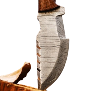 Couteau de chasse à lame fixe à motif Damas argenté avec manche en bois brun, lame courbée, couteau de survie pour le camping en plein air - Product Image 3
