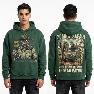 Sudadera con capucha personalizada con cremallera completa para hombre, gris desgastado, con estampado de zombie y bioquímico, estilo hip hop, oversize, de tela gruesa, streetwear - Product Image 6