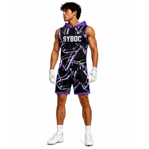 Ensemble de sport personnalisé pour hommes 7 sur 7 : Maillot à capuche sublimé, débardeur et short – Noir et rose – Tenue de match de football américain - Product Image 4