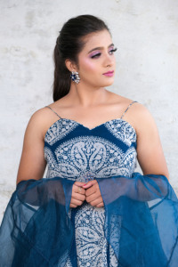 Elegant Blue Printed Sleeveless Peplum Crop Top with Palazzo and Organza Dupatta with Pearls Cut-dana and Mirror work - Product Image 4