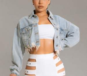 Women's Cropped Denim Jacket with Button-up Long Sleeves Ripped and Distressed Design Frayed Autumn/Winter - Product Image 3