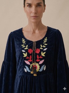 <b>Boho</b> <b>Style</b> Velvet Eco-Friendly Woven Dress with Floral Embroidery Full Sleeve O-Neck Loose Fit Floor-Length Autumn Casual Wear - Product Image 1