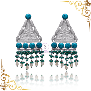 Nouvelle Arrivée 2026 Boucles d'oreilles Jhumkaa de créateur en argent oxydé, longues, triangulaires, avec pierres bleues, pour femmes et jeunes filles, pour mariage et fête - Product Image 2