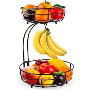 Panier à fruits noir à 2 niveaux en fil métallique, panier à fruits et légumes pour comptoir, organisateur de cuisine pour pain, collations, légumes, produits frais - Product Image 1