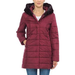 Veste matelassée rouge pour femme, manches longues, avec capuche à fourrure, fermeture éclair, manteau d'hiver épais, couleur unie, rembourrage en polyester - Product Image 5