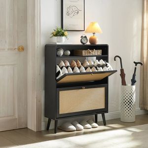 Meuble de rangement à chaussures moderne en rotin avec structure en bois massif et 2 tiroirs rabattables pour appartement, entrée et salon - Product Image 2