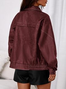 Veste moto en cuir véritable rouge pour femme, manches longues, fermeture éclair, col montant, style automne - Product Image 5
