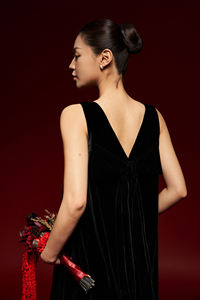 Vestidos mini de verano con cuello barco, cintura holgada, tejido de terciopelo a rayas, minimalistas, manga regular, con botones, transpirables y de corte en A. - Product Image 3