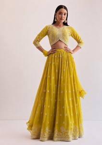 Ensemble Lehenga Choli en polyester brodé jaune, longueur au sol, séchage rapide, robe de fête indienne pakistanaise pour femmes - Product Image 2