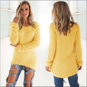 Femmes ample coton tricoté pull chaud col rond surdimensionné Blouse solide jaune L taille décontracté Hipster vêtements chandails - Product Image 1