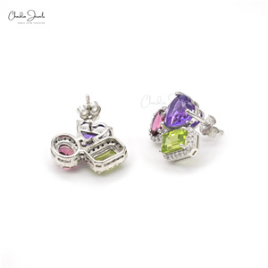 Luxury 4.41CTW Multi Gemstone Stud Push <b>Back</b> <b>Earrings</b> Crafted in 14K White Gold Diamond Halo Diamond <b>Earrings</b> at Wholesale Price - Product Image 5