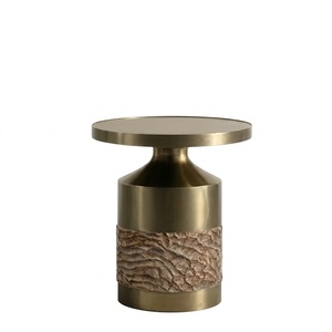 Trending Unique Design <b>Round</b> <b>Side</b> <b>Table</b> with Bronze Base and Metal Wooden Texture Band for Living Room Home Furniture - Product Image 1