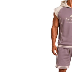Customized Mens Dusty Mauve <b>Sleeveless</b> Hooded Tracksuit Set Custom Logo Gym Fitness Training Sports <b>Hoodie</b> And Shorts Activewear - Product Image 3