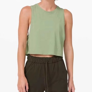 Women's Olive Green Crew Neck Sleeveless Crop <b>Top</b> Knitted Cotton Spandex Quick Dry Casual Spring Summer Wear - Product Image 1