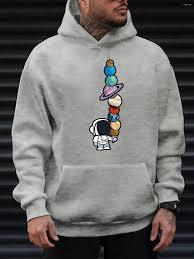 Sudadera con Capucha Gris Jaspeado para Hombre, Sudadera de Felpa con Estampado de Astronauta y Planeta - Product Image 4
