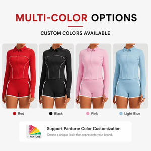 Ensemble de combinaison sportive 2 pièces pour femme, fermeture éclair sur le devant, manches longues, short cycliste, respirant, tenue de yoga, OEM ODM - Product Image 6