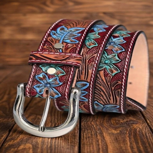 Ceinture en cuir pleine fleur pour homme, qualité export, style western, avec gravure florale artisanale et boucle ardillon en laiton nickelé - Product Image 6