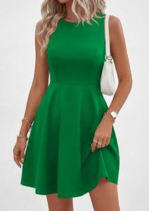 Elegante Vestido Mini Verde sin Mangas, Corte en A, Cuello Redondo, Ajustado, Tejido de Punto, Spandex/Poliéster, Transpirable, para Fiesta, Verano, Casual - Product Image 2