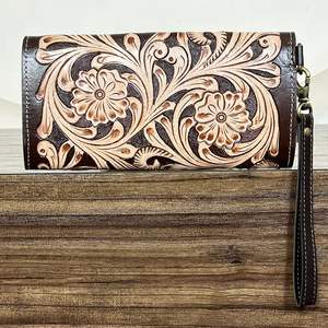 Portefeuille long de luxe 2026 en cuir véritable fait main, motif floral, design jeu de cartes, pochette vintage avec dragonne amovible pour femme - Product Image 5