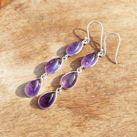 Boucles d'oreilles pendantes longues style bohème en laiton plaqué argent, avec améthyste naturelle en forme de goutte et pierres multicolores violettes, bijoux de fête pour femme