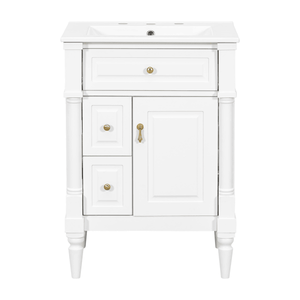 Mobile Bagno Bianco da 24 Pollici con Lavabo, Cassetto Ribaltabile, Ripiano Regolabile, Finitura Impermeabile in Legno di Gomma Massiccio - Product Image 2