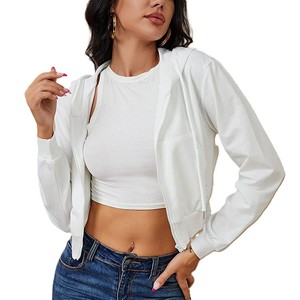 Women's <b>White</b> <b>Long</b> <b>Sleeve</b> Zipper Hoodie <b>Crop</b> <b>Top</b> Casual Knitted Sweatshirt Winter Solid Color Breathable Lined 100% Cotton - Product Image 1
