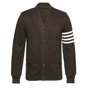 Cárdigan Personalizado para Hombre en Color Marrón Oscuro con Rayas Blancas en las Mangas, Tejido Acrílico, Cuello en V, Suéter Unisex, Estilo Casual - Product Image 1