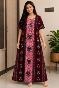 Chemise de nuit en coton de haute qualité, couleur marron, imprimé floral, col rond, manches courtes, vêtement de détente, kaftan, confort optimal - Product Image 3