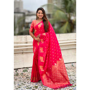 Sari en soie douce rose Elite Weaves, tissé double Zari, avec bordure Nandi, robes de soirée élégantes - Product Image 6