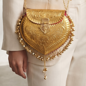 Handmade <b>Gold</b> Tone Evening <b>Bag</b> with Paisley Engraving Bell Pearl Fringe & Double Chain Bridal Purse - Product Image 2