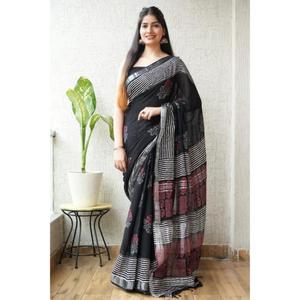 Sari en lin imprimé tendance avec chemisier en lin, confortable et élégant pour un usage quotidien, exporté dans le monde entier depuis l'Inde - Product Image 3
