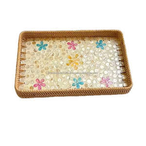 Sustainable Handmade Mother of Pearl Inlaid Rattan Food Serving <b>Tray</b>-Customizable Commercial Grade Decorative <b>Tray</b> From Vietnam - Product Image 4