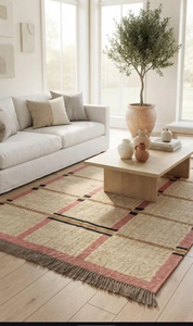 Pink Grid Wool Jute Area <b>Rug</b> Handmade Farmhouse Carpet Geometric Boho Rustic Living Room Bedroom <b>Natural</b> Fiber Floor <b>Rug</b> - Product Image 6