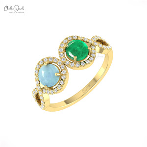 Bague Halo Ronde Naturelle de 5 mm en Émeraude et Aigue-marine avec Diamant en Or Fin 14 carats, Bague de Mariage Personnalisée, Fournisseurs en Gros de Qualité Supérieure - Product Image 4