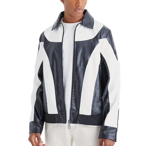 Veste en similicuir PU bleu personnalisée pour homme, style moto, coupe carrée, avec fermeture éclair et blocs de couleur, collection automne - Product Image 3