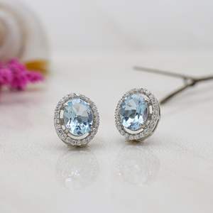 Boucles d'oreilles clous halo en aquamarine, pierre de naissance de mars, en argent sterling 925, cadeau de bijoux pour femme, élégantes boucles d'oreilles de mariée pour mariage - Product Image 2