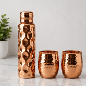 Royal Wave Dimple Copper Bottle With Hammered Glasses Portable Travel Drinkware Traditional Design - Product Image 6