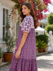 Robe longue décontractée 100 % coton imprimée numériquement, style bohème, coupe trapèze, manches courtes, col en V, à franges, taille naturelle, idéale pour les fêtes de printemps - Product Image 3