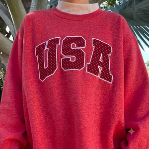 เสื้อสเวตเชิ้ตคอเต่าปักลาย USA สีแดงทรงโอเวอร์ไซส์สำหรับผู้หญิง แขนยาว ผ้าฝ้ายถัก แฟชั่นฤดูใบไม้ร่วง - Product Image 1